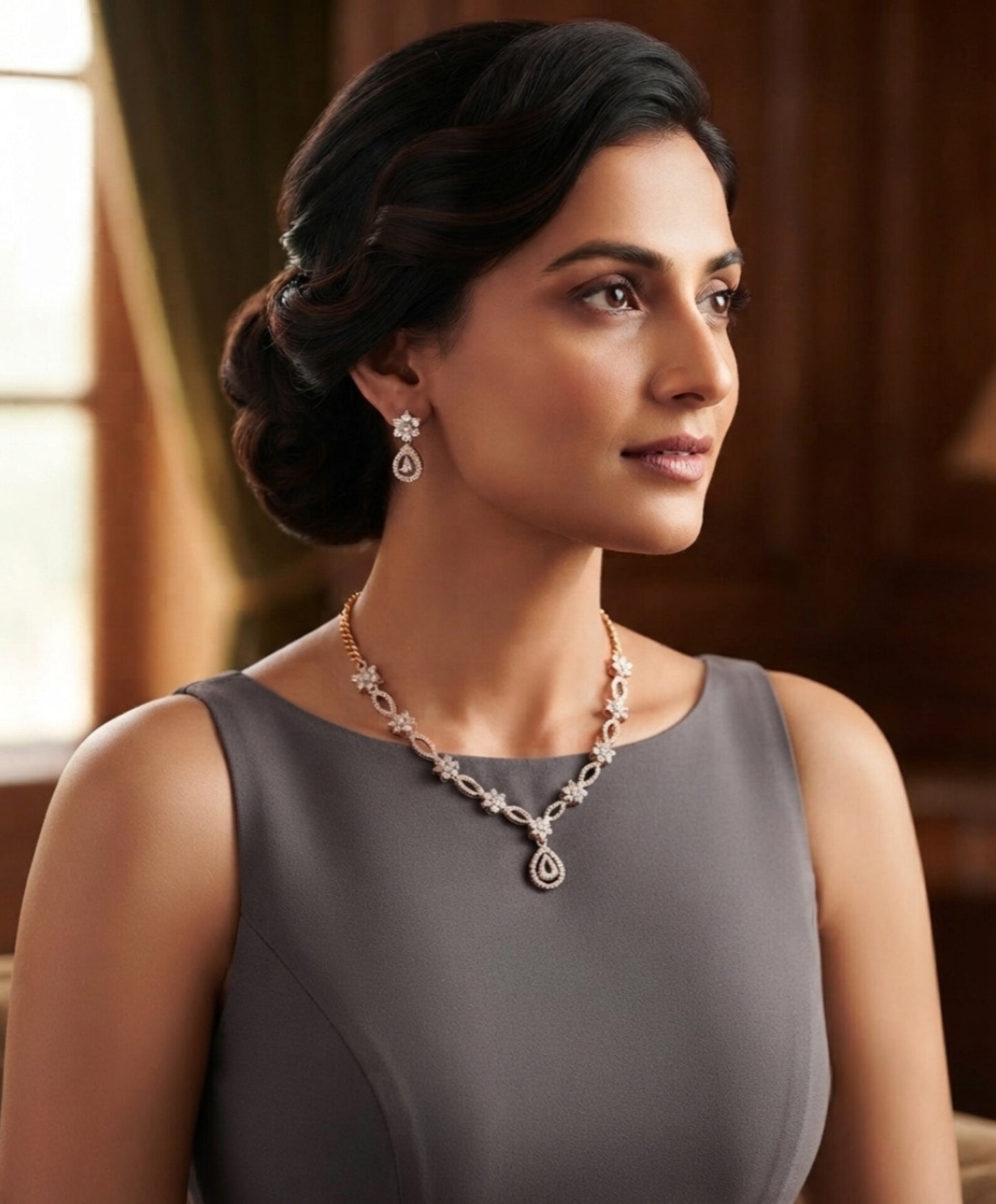 Blush Crest Rose Gold-Plated CZ Stone Necklace Set