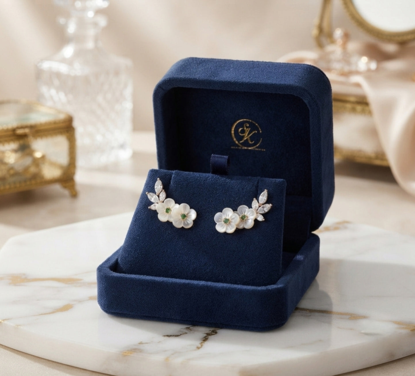 Elegant Pearl Flower Stud Earrings with Crystal Leaves