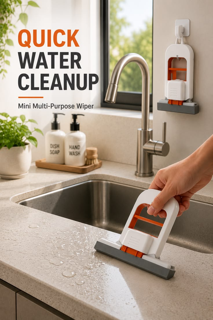 Compact, portable, and self-squeezing cleaning tool designed for effortless desktop, kitchen, and bathroom cleanup.