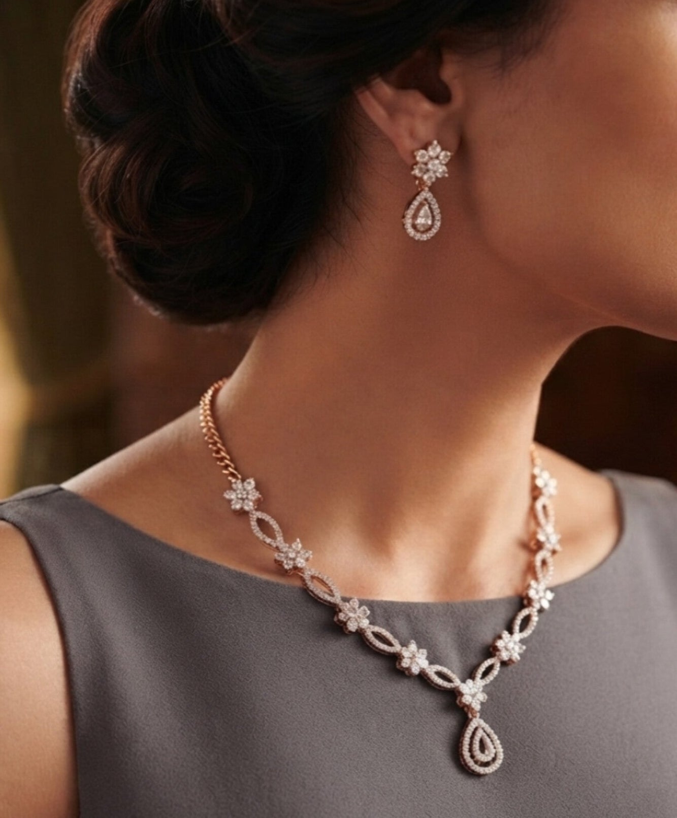 Blush Crest Rose Gold-Plated CZ Stone Necklace Set