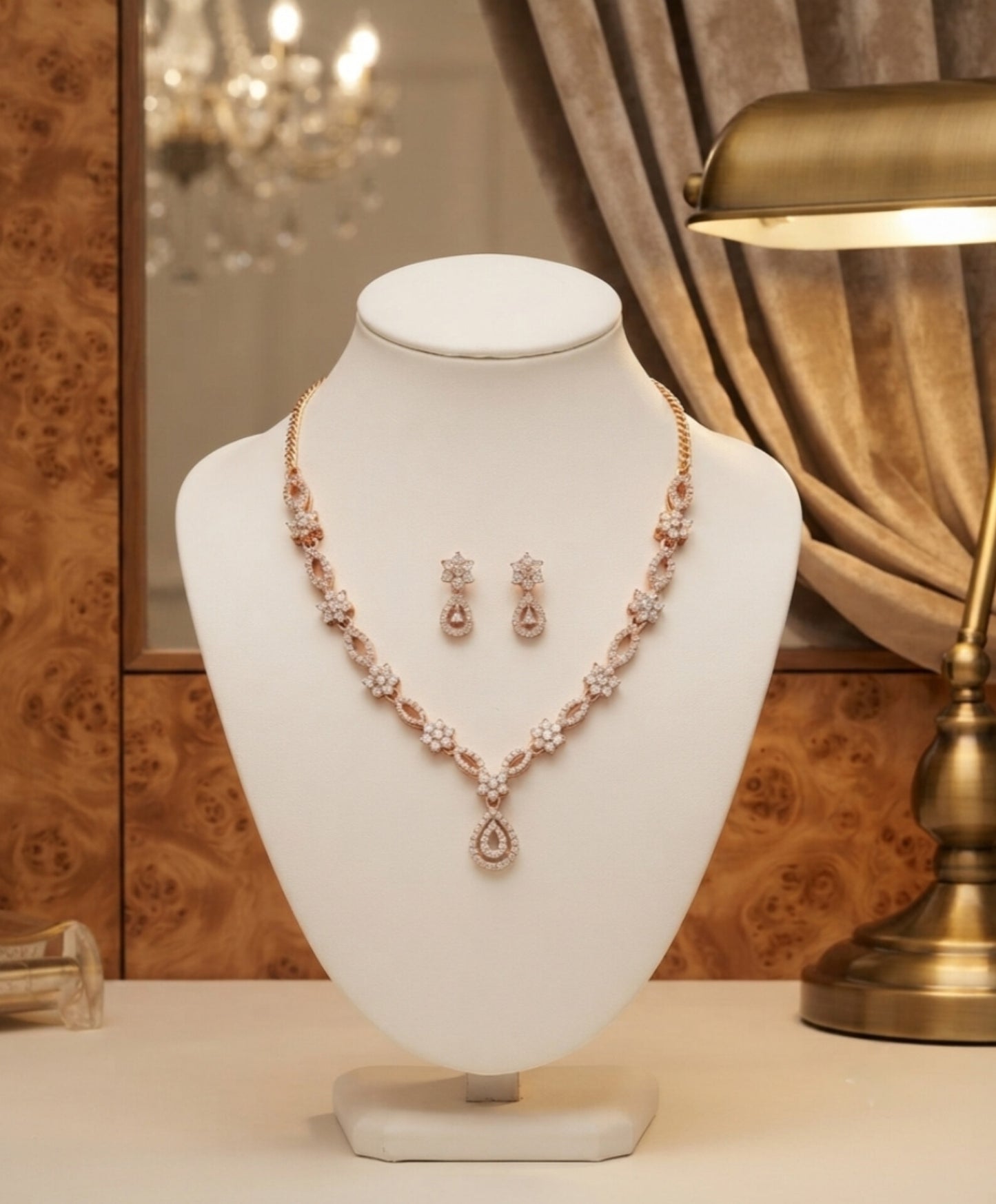 Blush Crest Rose Gold-Plated CZ Stone Necklace Set