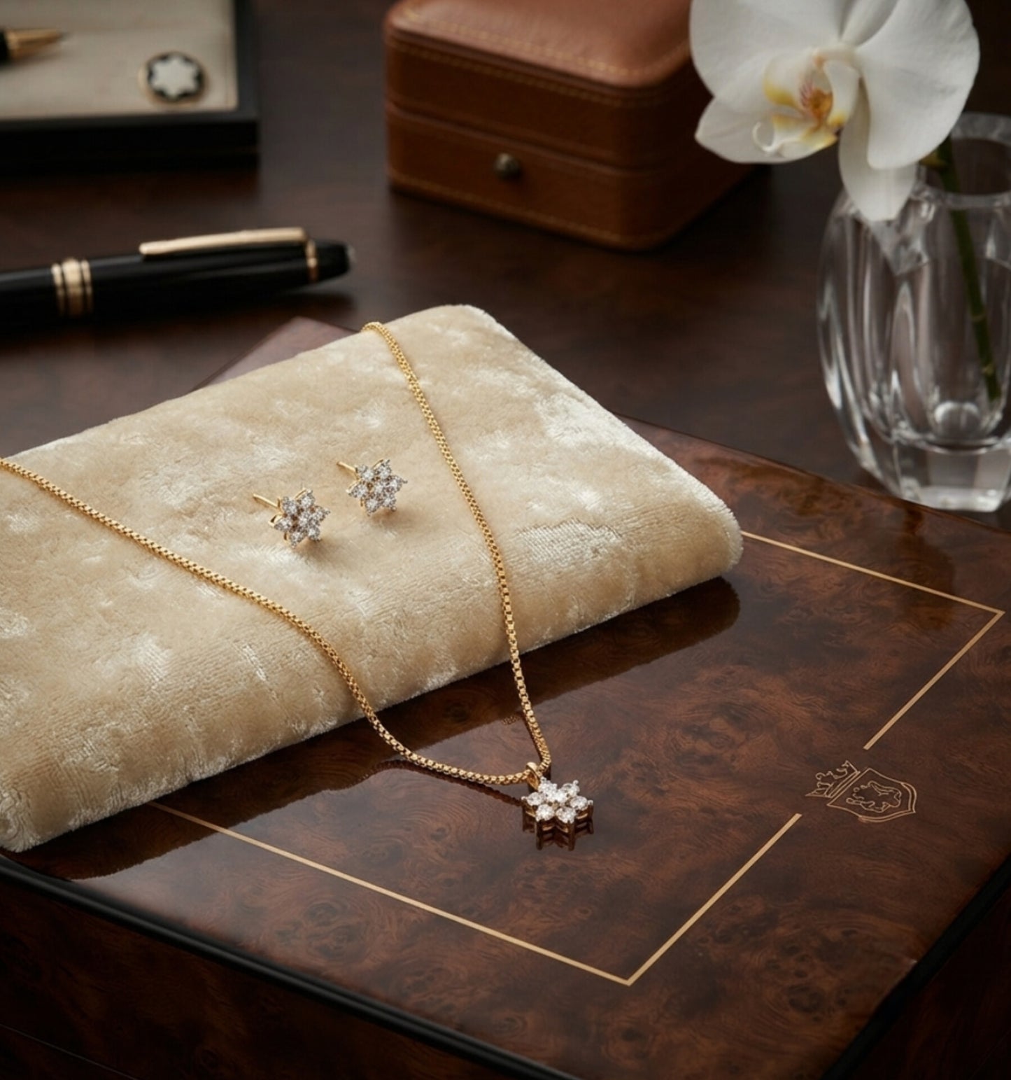 Trendy Gold-Plated Floral Pendant Chain with Matching Earrings Set