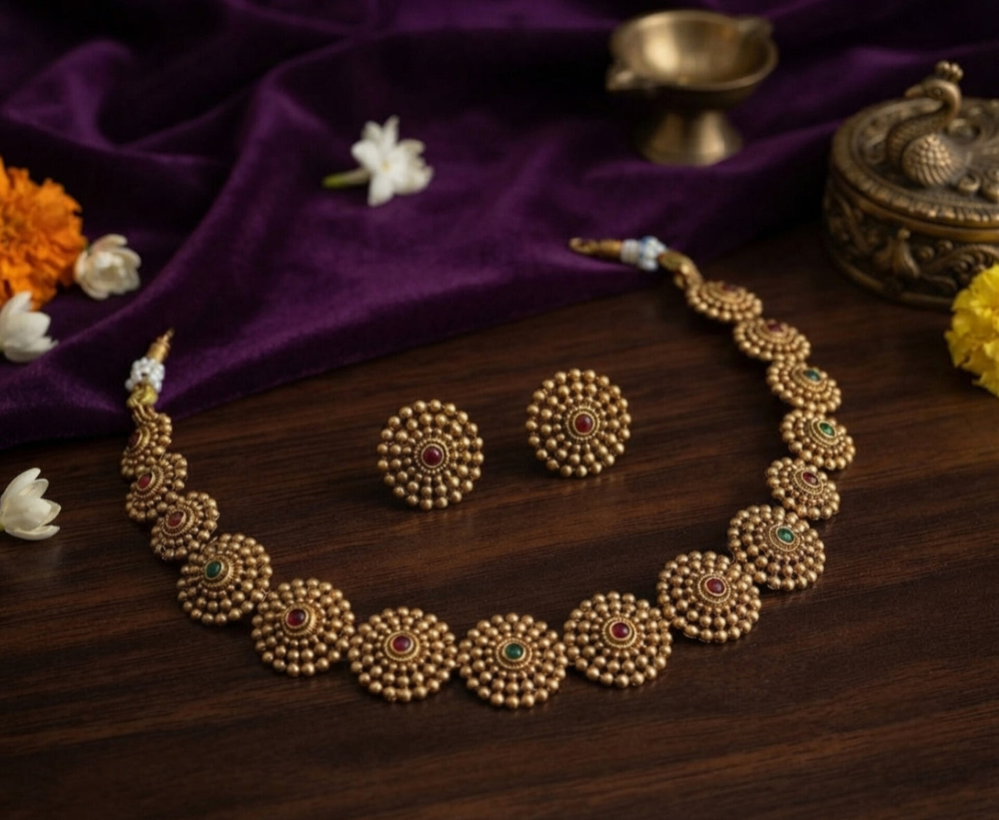 FIONZA Designer Gold Plated Jewellery Set for Women,Traditional Design Necklace