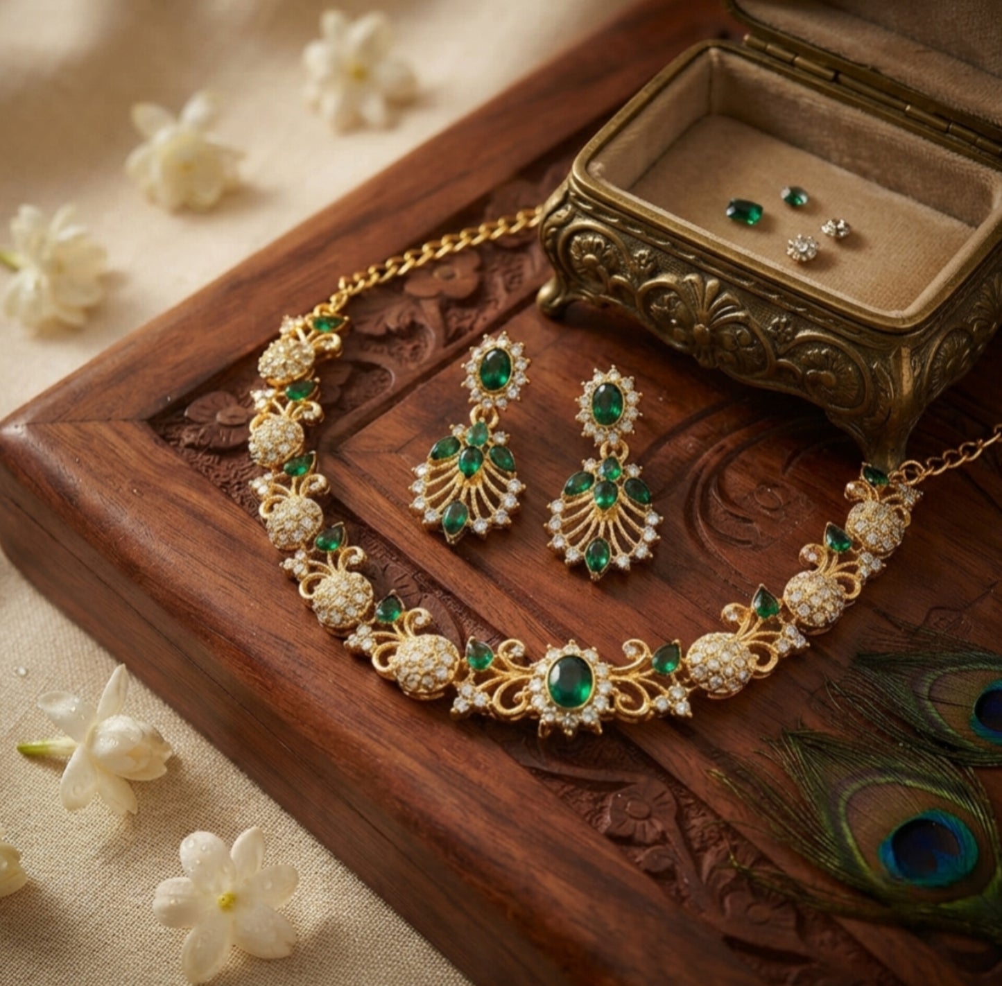 Elegant Gold-Plated Emerald Stone Necklace &amp; Matching Earring Set