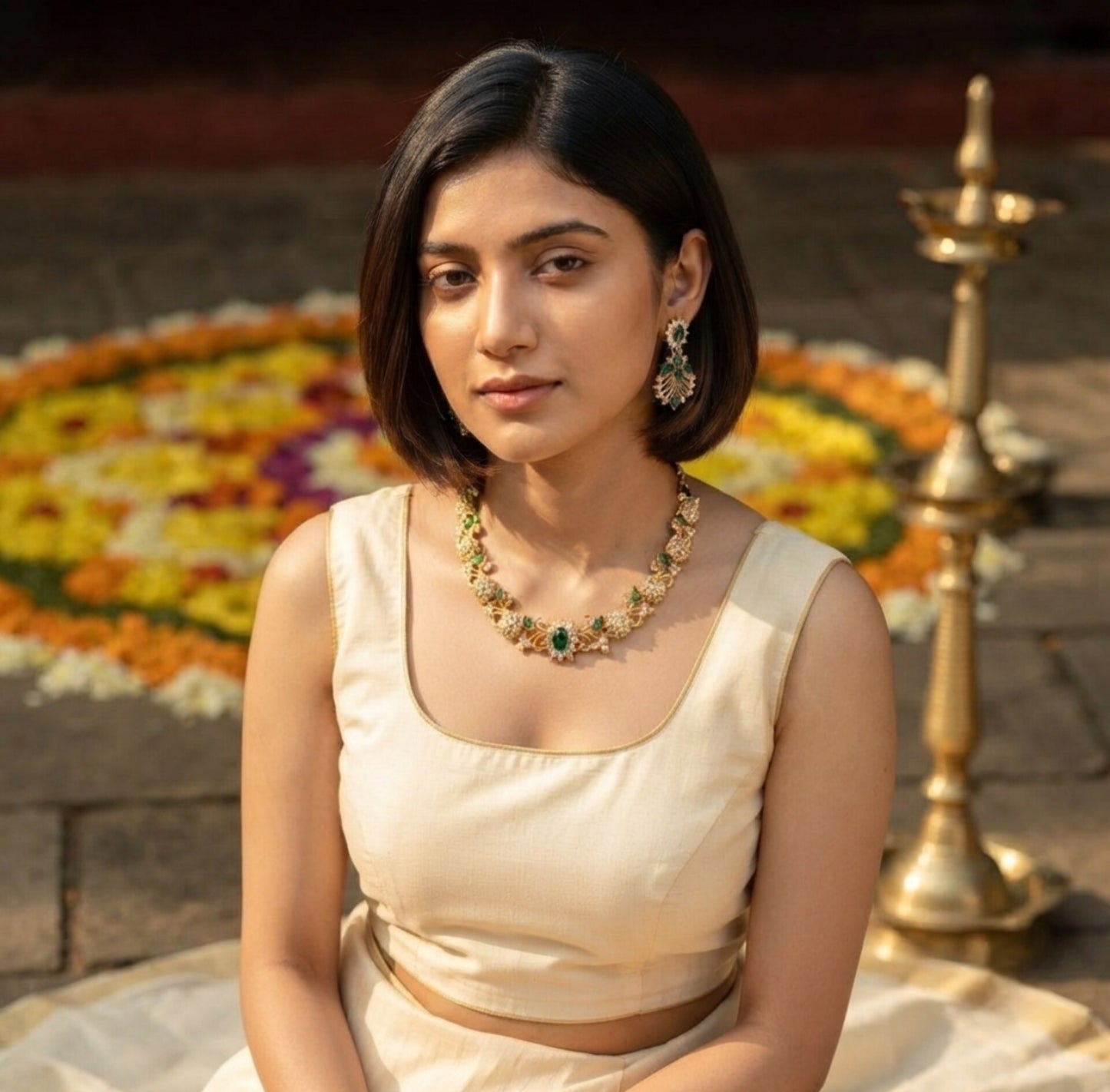 Elegant Gold-Plated Emerald Stone Necklace &amp; Matching Earring Set