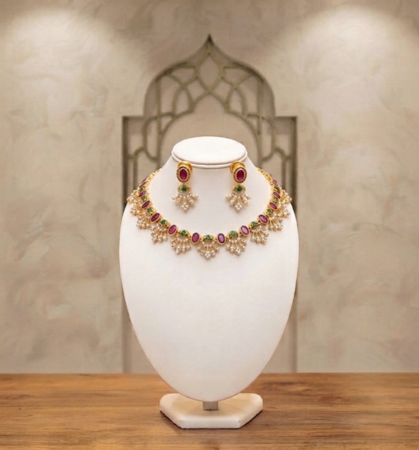 Traditional Ruby & Pearl Necklace Set