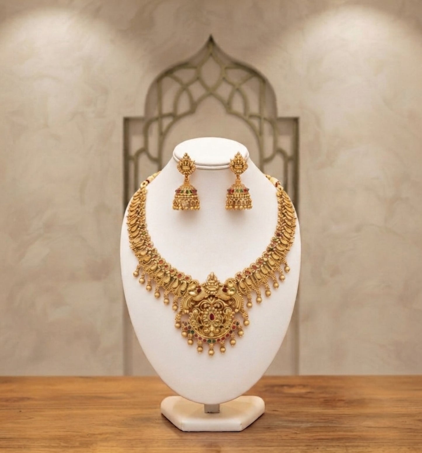 Gold Plated Ruby Stone Ethnic Party Necklace Set
