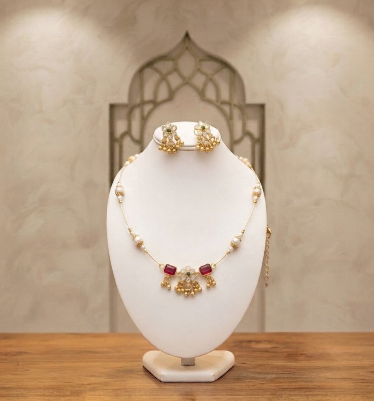 Siraaz Jewellery Set Gold Plated Rajwadi Choker Necklace with Red Stone Floral Earrings