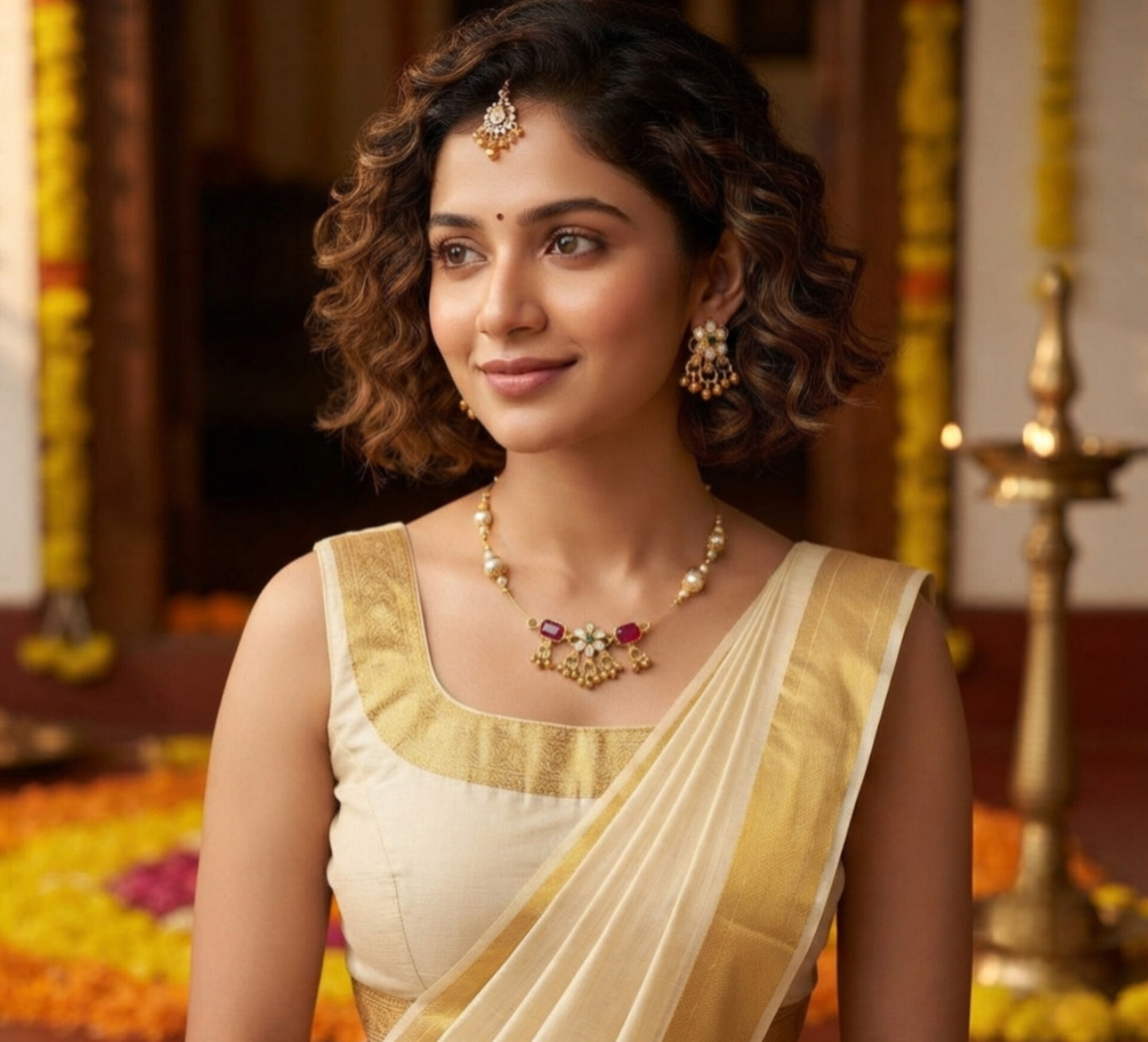 Siraaz Jewellery Set Gold Plated Rajwadi Choker Necklace with Red Stone Floral Earrings