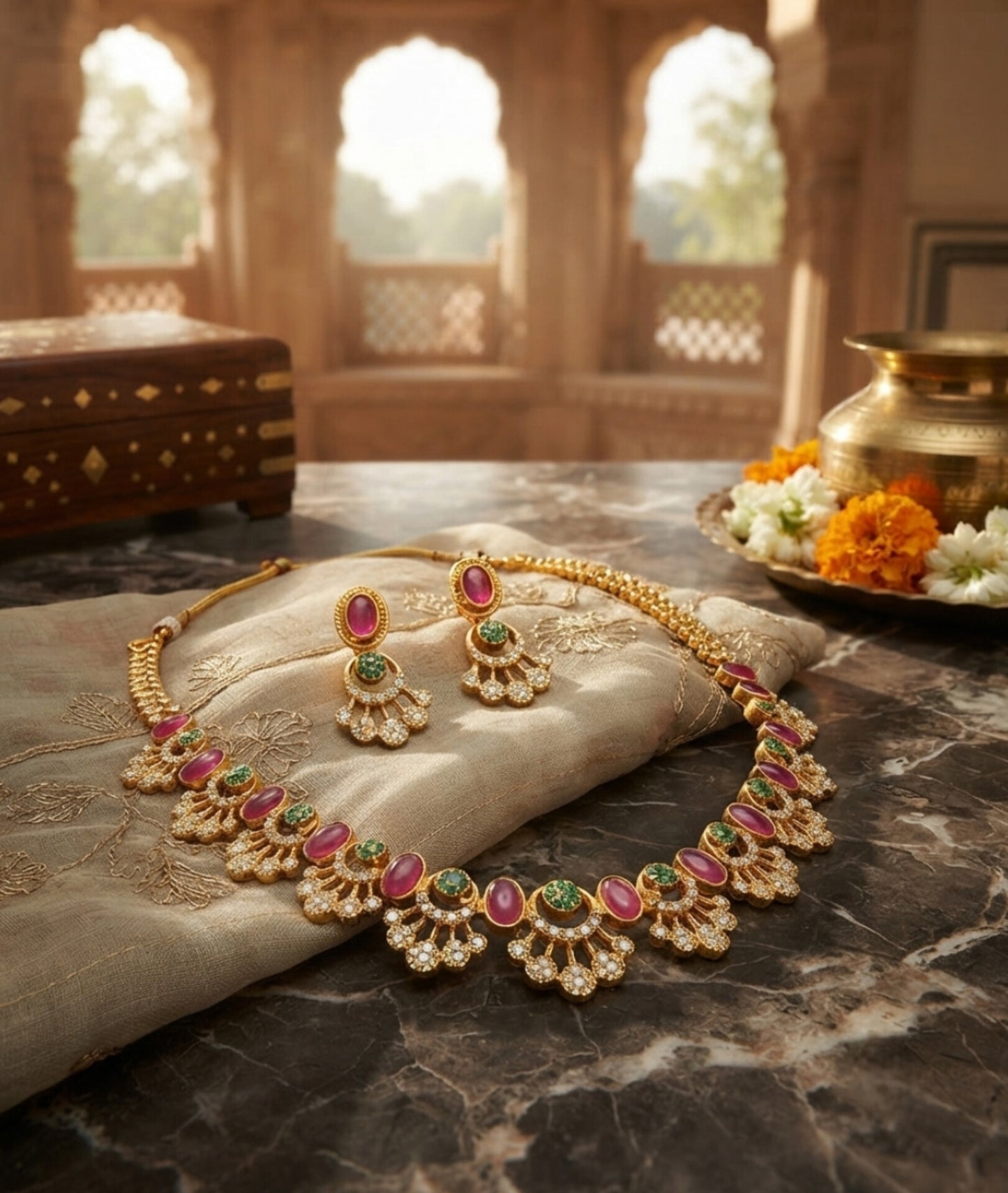 Premium Quality Emerald &amp; Ruby Stone Necklace Set