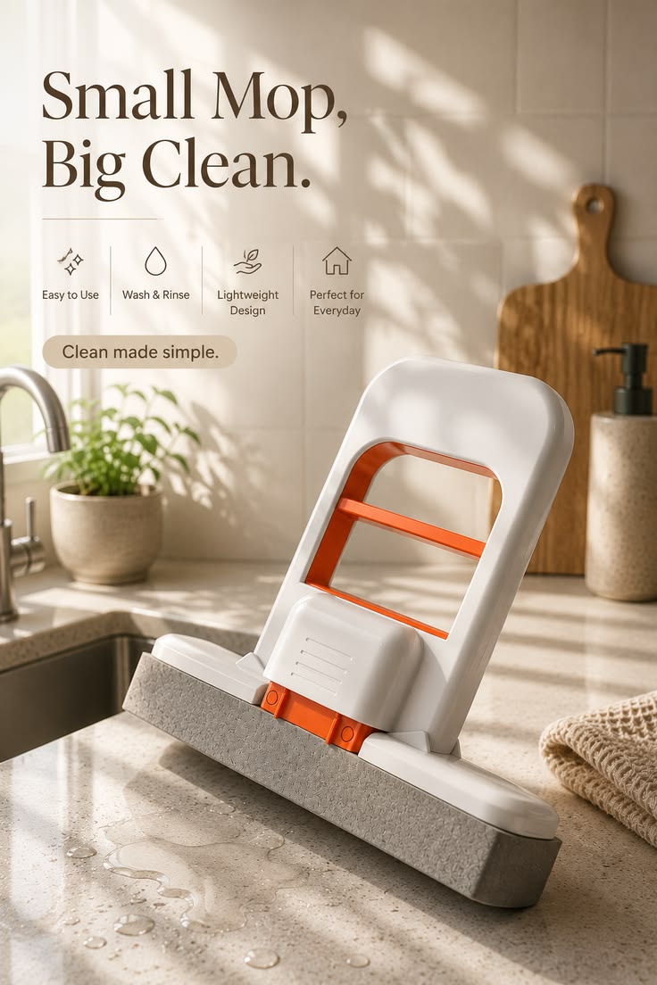 Compact, portable, and self-squeezing cleaning tool designed for effortless desktop, kitchen, and bathroom cleanup.